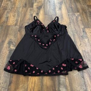 Fox & Royal Black Satin Rose Embroidered Babydoll Chemise Lingerie XL 22 Sheer